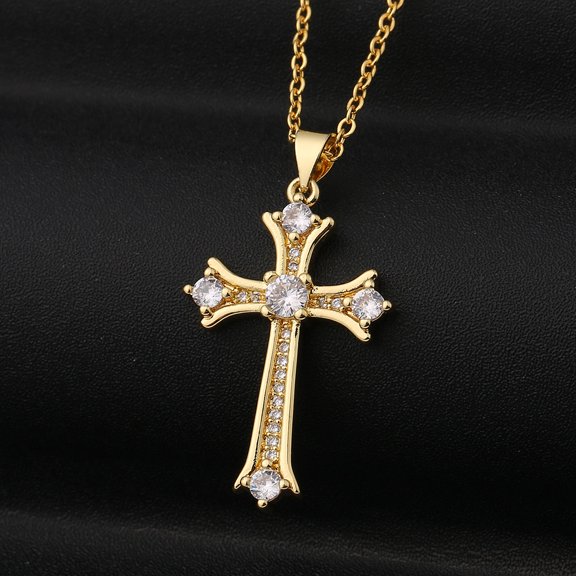 Luxury Cross 14K Yellow Gold Necklace with Brilliant Cubic Zirconia Wedding Accessories for Women Fashionable Female Jewelry New