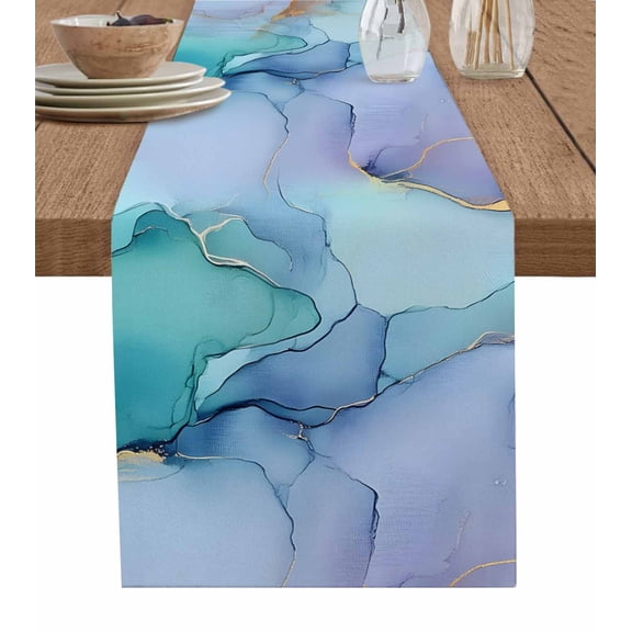 Table Runner 72 Inches Long for Kitchen Dining, Purple Teal Golden Marble Dresser Scarf Farmhouse, Dining Table Decorations for Wedding/Parties, Abstract Modern Geometric 13 x 72 In