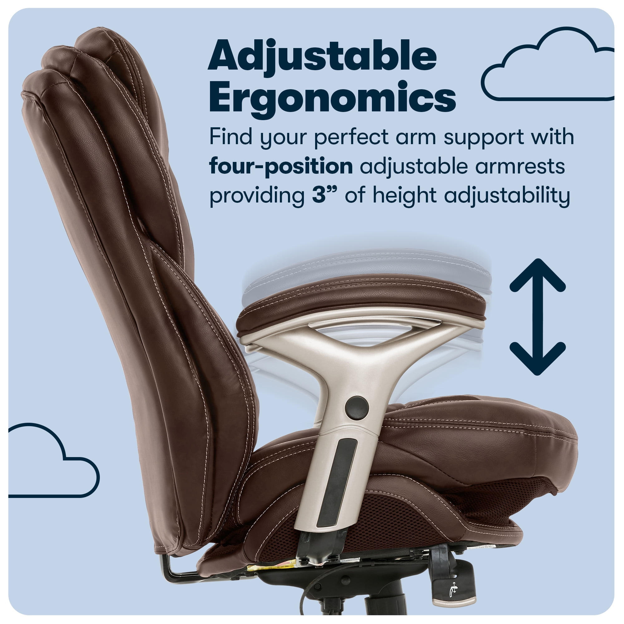 Serta Claremont Executive Office Chair with Back-In-Motion Technology, Ergonomic Mid-Back with Pivot Lumbar Support and Seat, Plush Cushion, Body Pillows, Adjustable Arms, Bonded Leather, Brown