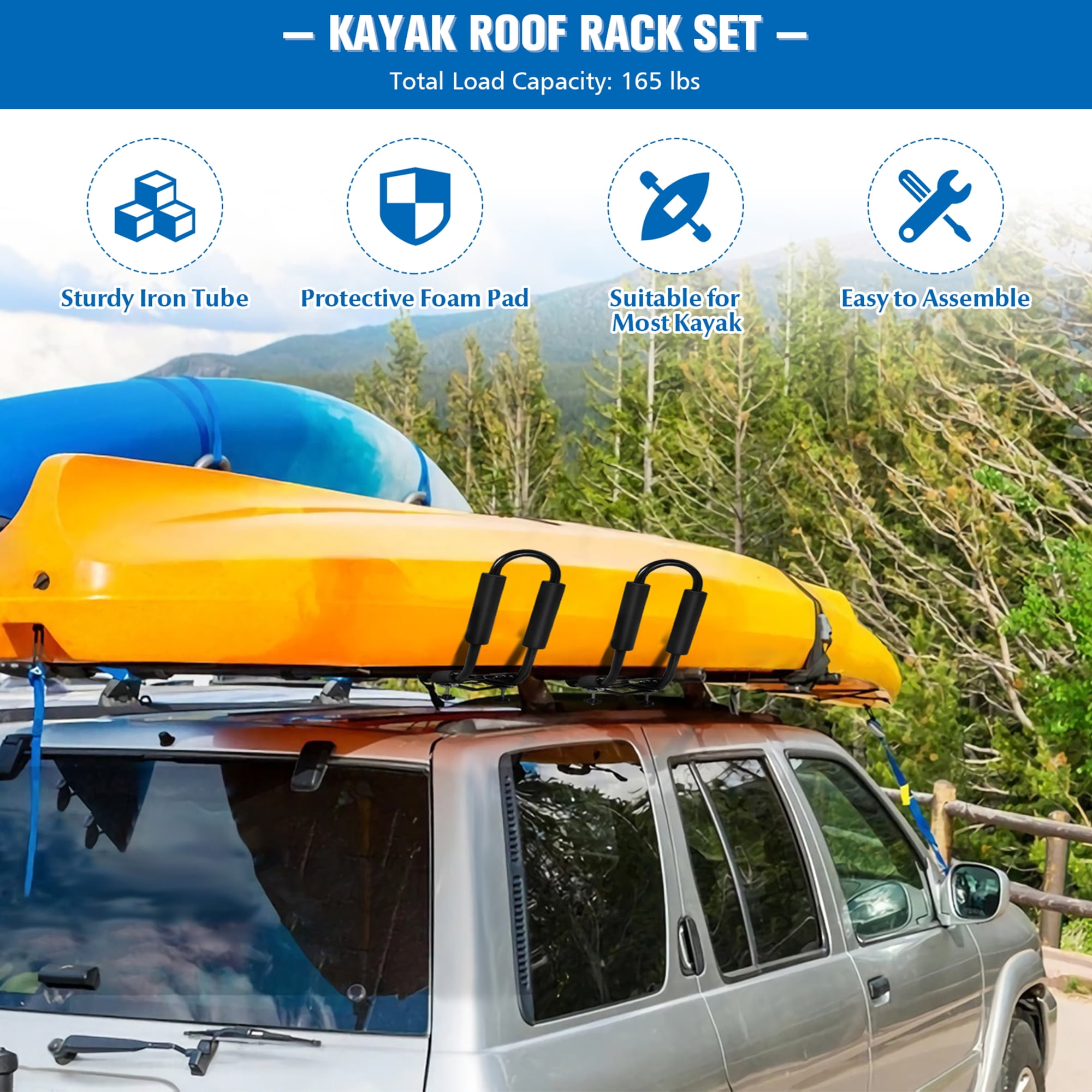Gymax 2 Pairs J-bar Heavy Duty Kayak Roof Rack Universal Rack Carrier w/ 4 Straps