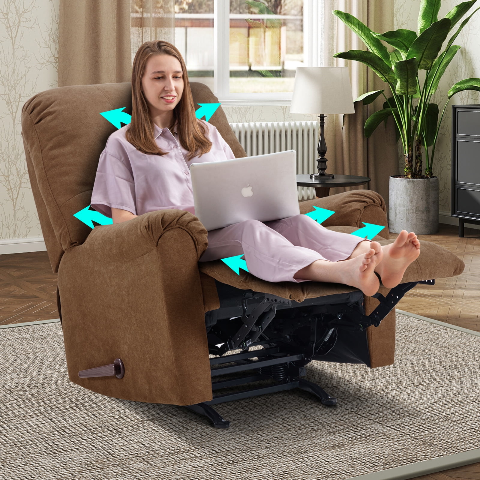 Ebello Manual Rocker Recliner Chair for Adults – Soft Fabric Reclining Sofa with Overstuffed Backrest, 300 lbs Weight Capacity,Brown