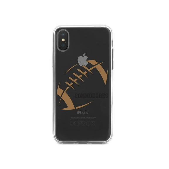 DistinctInk Clear Shockproof Hybrid Case for iPhone XR (6.1" Screen) - TPU Bumper, Acrylic Back, Tempered Glass Screen Protector - Commodores Football - Gold, Black