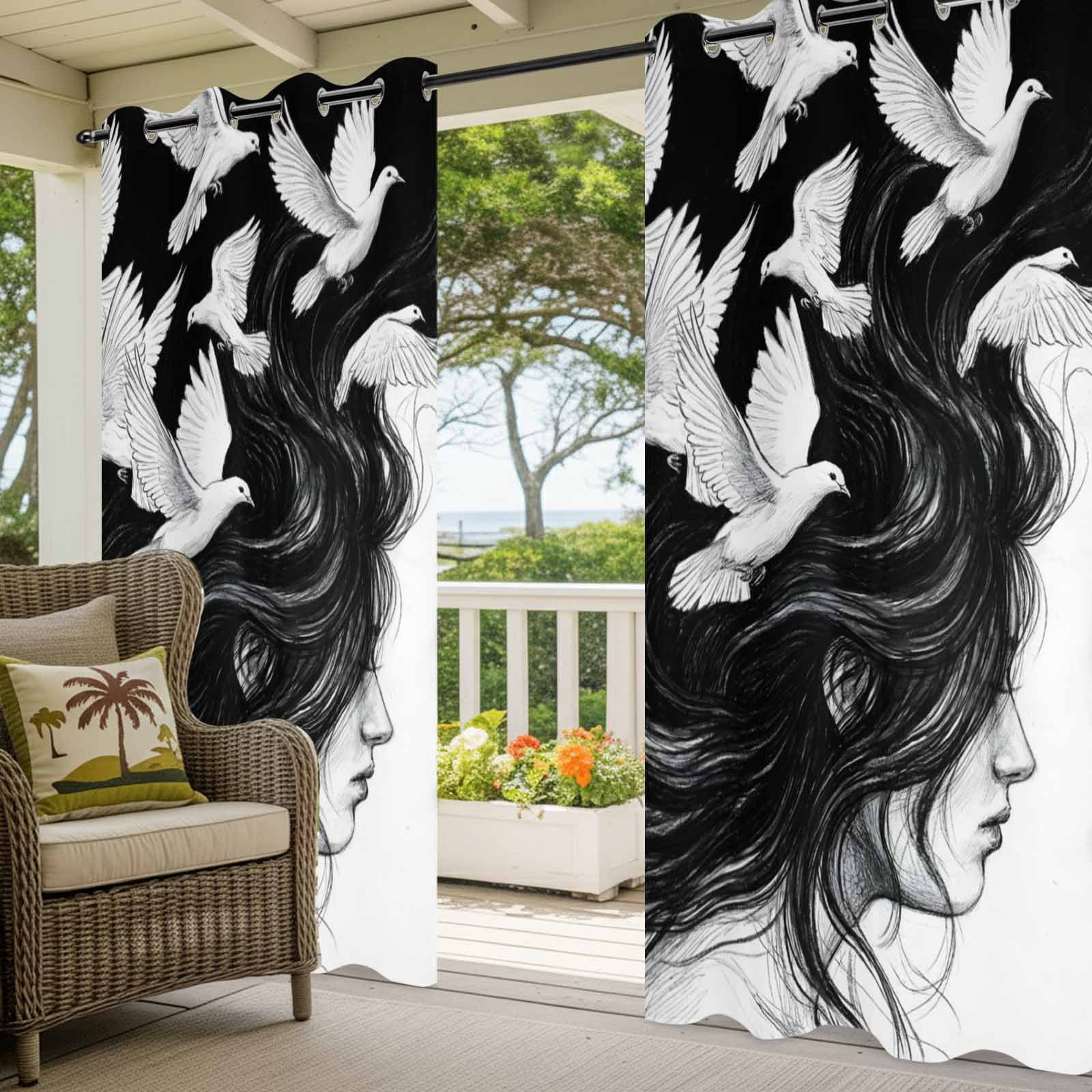 Abstract Art Outdoor Curtains for Patio, Black and White Pigeon Woman Profile Bohemian Sunshade Privacy Drapes Grommet Waterproof Outside Curtains for Porch/Cabana/Balcony 54"x 108", 1 Panel
