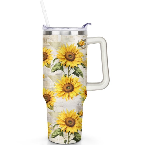 40 oz Sunflower Theme Tumbler Handle 40oz Sunflower Tumbler with Spill Proof Lid Straw Double Insulated Travel Coffee Cup Sunflower Lover Gifts for Men Women Travel Must Haves