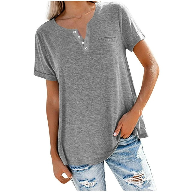 Birdeem Women Fashion Solid Color V-Neck Button T-Shirt Tops Short Sleeve Loose Blouse