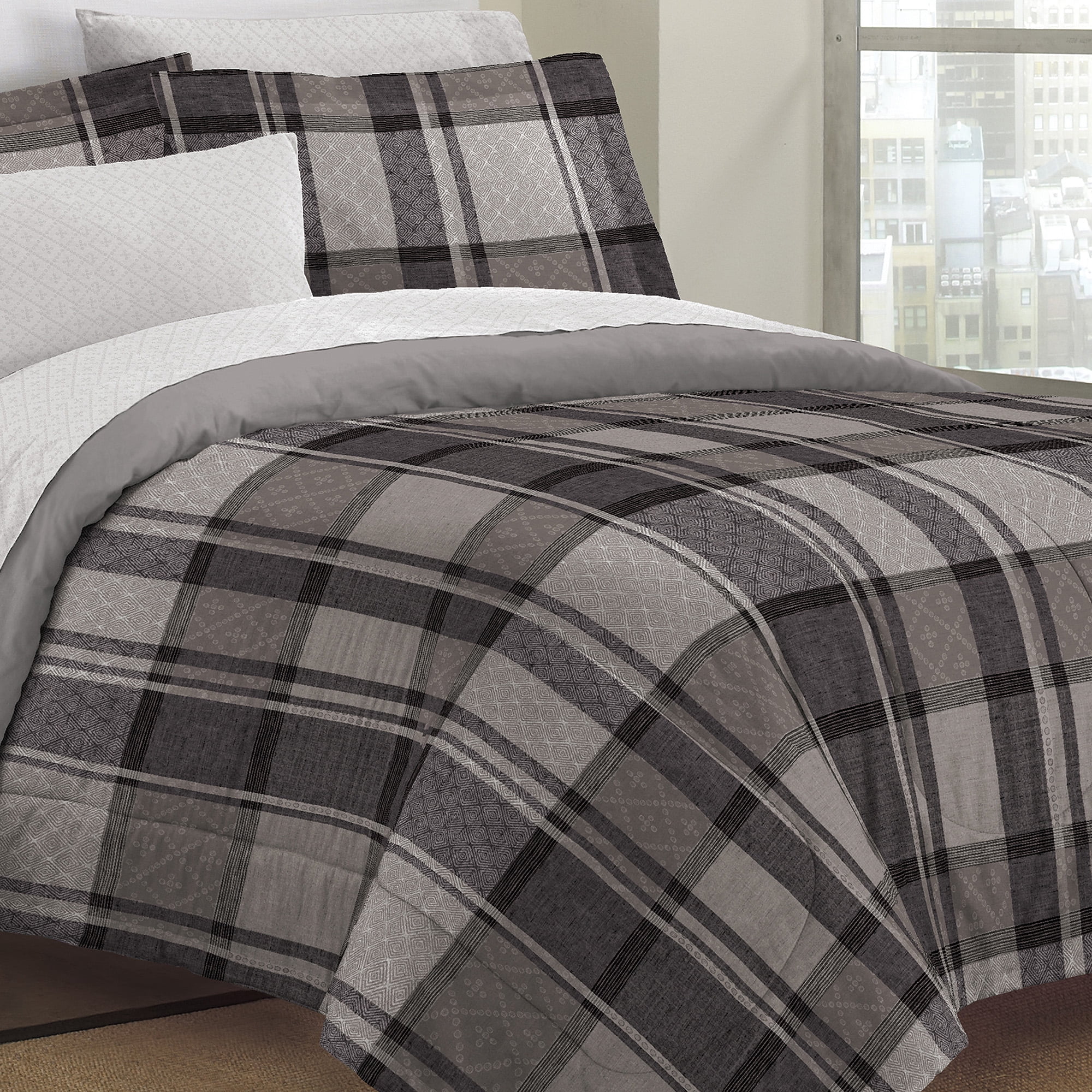 Loft Style Ultimate Plaid Bed In A Bag Bedding Set,Grey