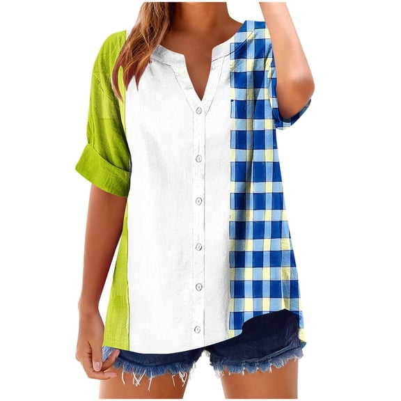 Uaswgudfs Women Blouses Plus Size Summer Tops Casual Short Sleeve Trendy Asymmetric Patchwork V-Neck Button-Down Blouse for Relaxed Summer Days
