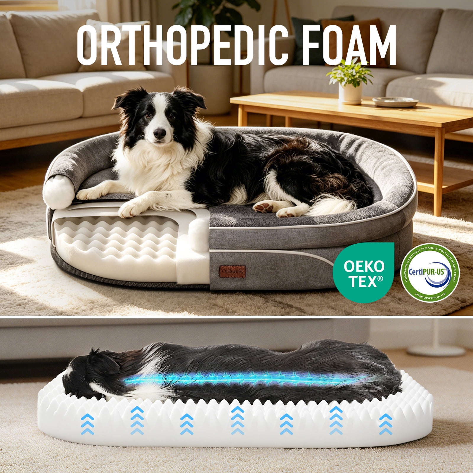 Ophanie 35in Luxury Sofa-Style Pet Orthopedic Bed for Large and Medium Dogs – Removable Machine-Washable Plush Cover, 4-Sided Bolster, Non-Slip Bottom, Size 35"x28"x6" Gray