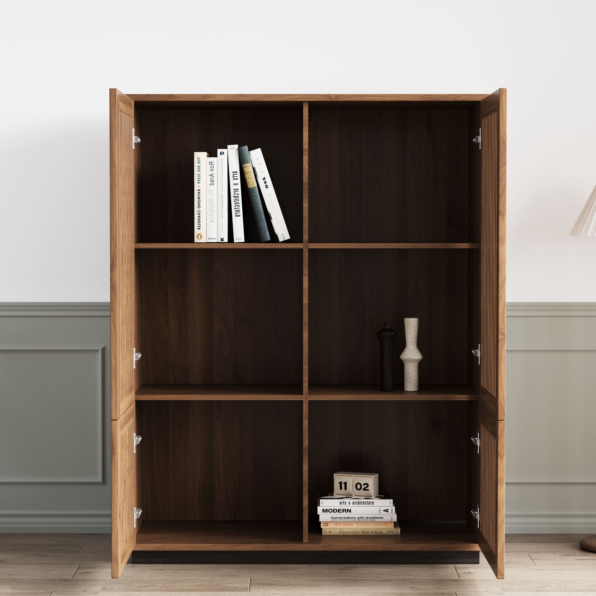 NessCarsti Modern Storage Cabinet, 4 Doors, Shelves, Walnut Brown, 34.84"