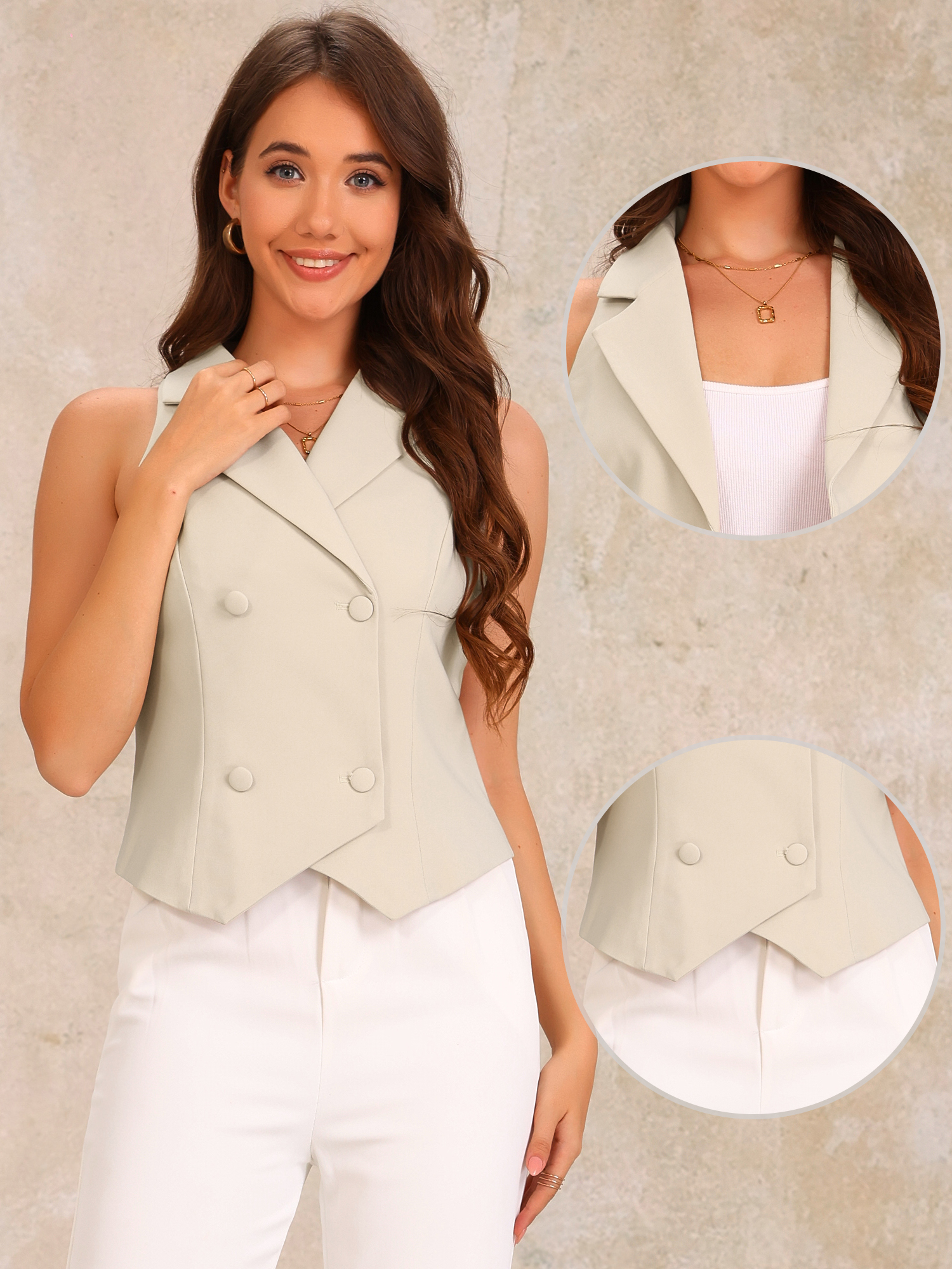 DARING DIVA Women's Notched Lapel Waistcoat Vest Double Breasted XL Apricot