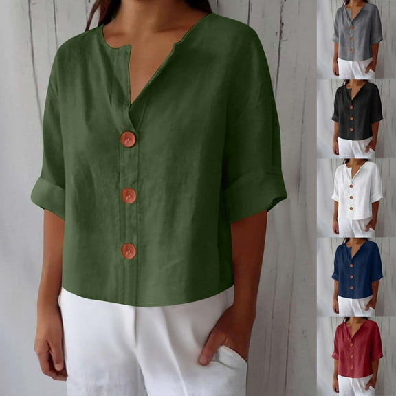 Miluxas Womens Button Down Casual Shirts Cotton Linen Short Sleeve Blouses Solid Summer Tops White XL(XL)