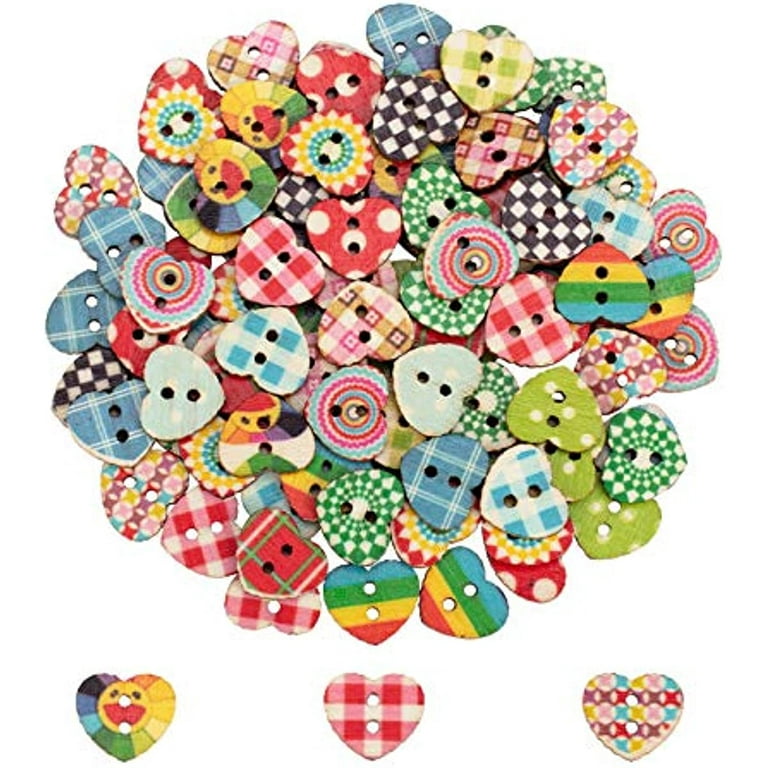 100pcs 13mm Heart Wooden Buttons 2 Holes Colorful Printed Heart