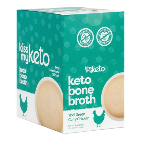 Kiss My Keto Instant Bone Broth Powder Travel Sachets — Thai Green Curry Chicken Flavor (15 Pack), Low Carb | Collagen Protein (9g) + MCT Oil (4g), 18 Amino Acids