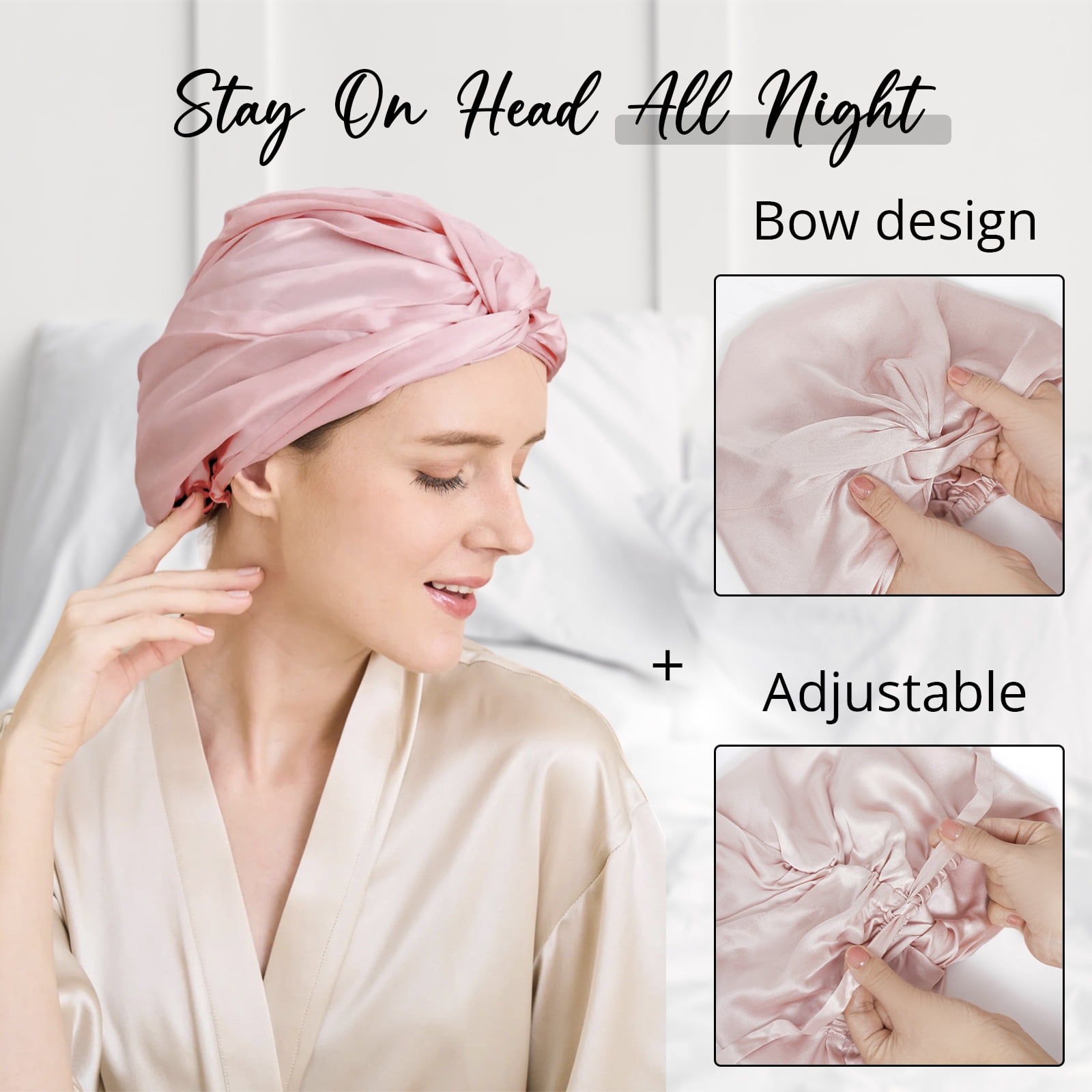 WIGI 100% Mulberry Silk Bonnet with Scrunchie Gift for Women, Silk Bonnet for Sleeping, Shower Cap Hair Bonnet, Silk Hair Wrap for Hair Care (100% Mulberry Silk (Bow design), Pink)