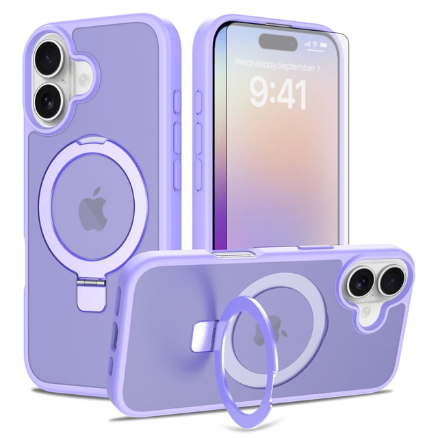 Asuwish Phone Case for iPhone 17 6.3 inch Tempered Glass Screen Protector Magnetic Folding Stand Frosted Translucent Rugged Shockproof Protective Cell Cover i Phone17 i17 17Case Women Men Purple