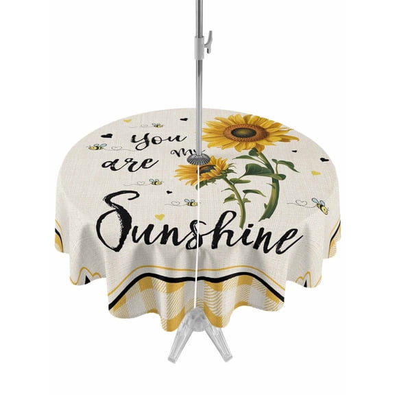 Outdoor Tablecloth with Umbrella Hole for Patio/Picnic/Party/Camping, Sunflowers Waterproof Table Cloth Round Cover Washable, Yellow Floral Botanical Checkered Rustic (Dia 60")