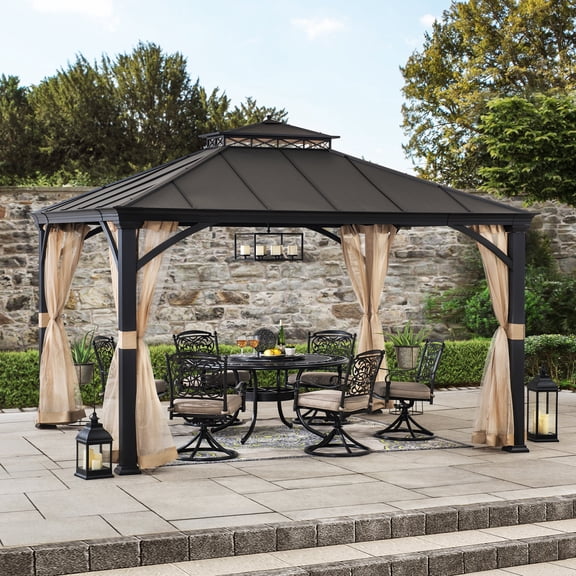 Sunjoy Hardtop Gazebo 11 x 13 ft. Outdoor Patio Black Anti-Rust Aluminum Frame Gazebo, Double Tiered Gazebo with Ceiling Hook and Mesh Netting, Black