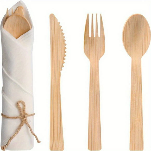 QUTETN Pre Rolled Napkin and Bamboo Cutlery Set - 30Pack Bamboo UtensilsCutlery Set ( 30 Forks, 30 Knives, 30 Spoons, 30 Napkins), Wrapped Cutlery for Party, Wedding, Events