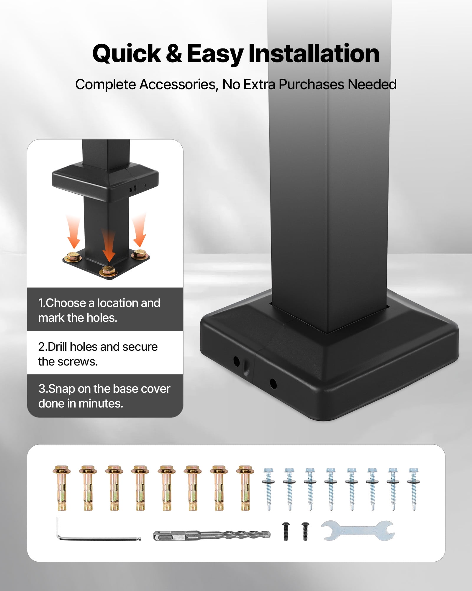VEVOR Handrails for Outdoor Steps, 2-3 Step Adjustable Height, Carbon Steel Transitional Handrail with Installation Kit, Exterior Hand Railing for Steps, Concrete or Wooden Stairs, Porch, Matte Black