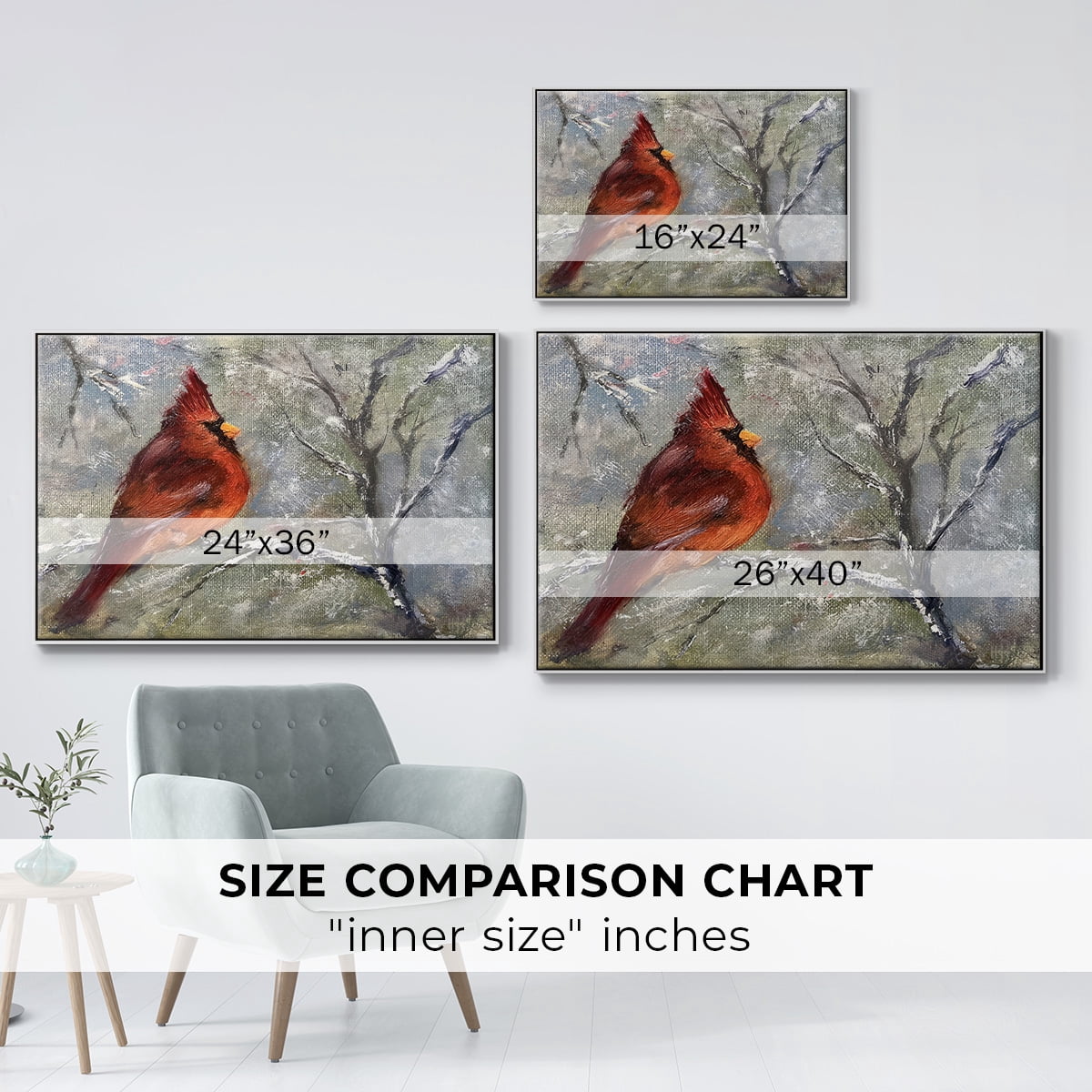 Cardinal in Snow II - Framed Gallery Wrapped Holiday Canvas - 25 x 37 - White Frame