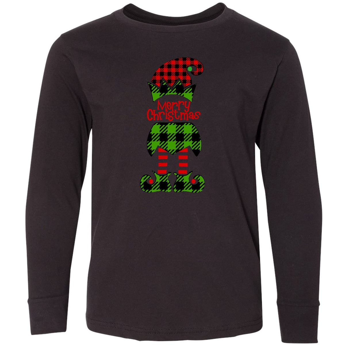 Inktastic Merry Christmas Elf in Red and Green Plaid Long Sleeve Youth T-Shirt