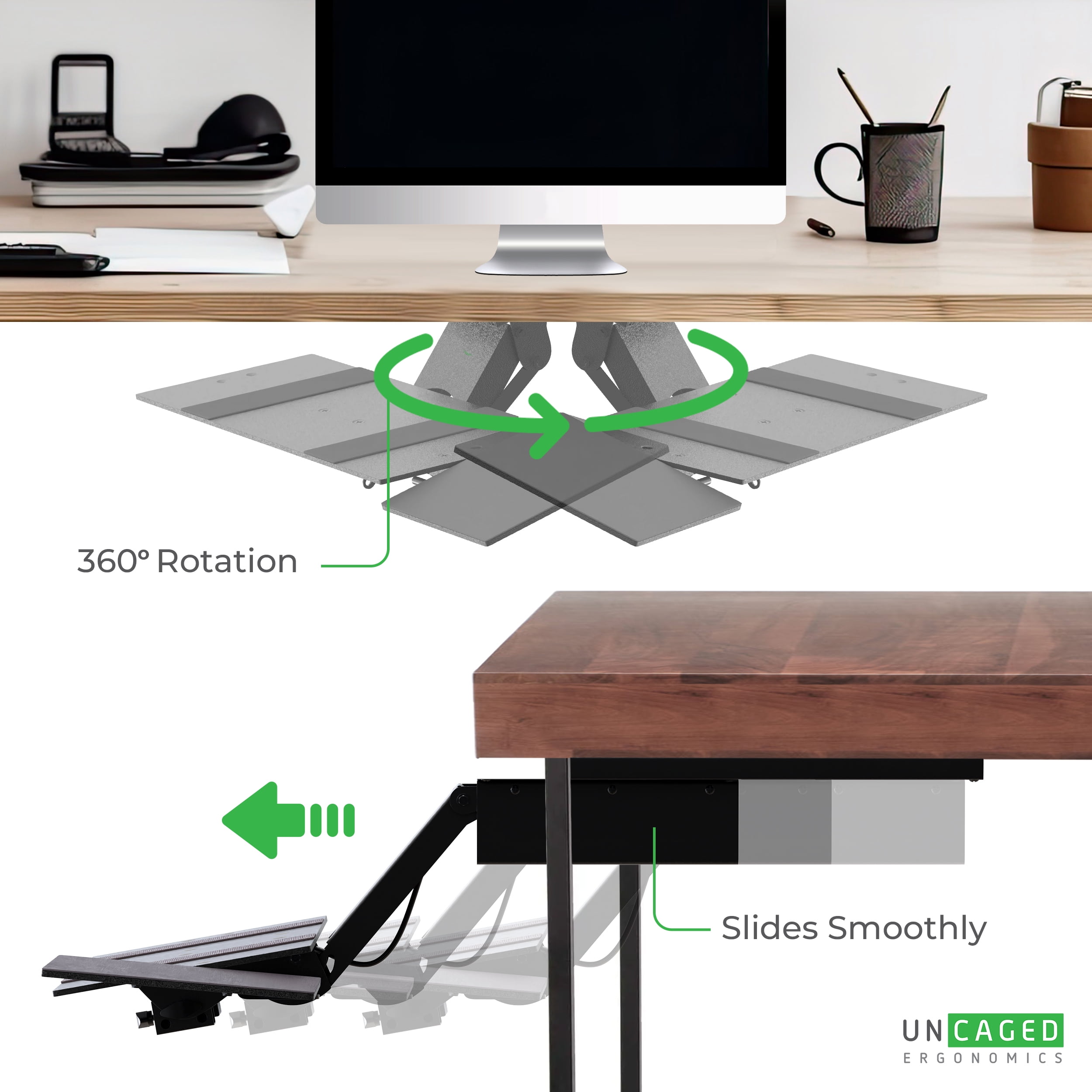 Adjustable Sit Stand Keyboard Tray Under Desk – Ergonomic Slide-Out Keyboard Drawer with Height & Tilt Adjustment, 360° Swivel, and Mouse Pad
