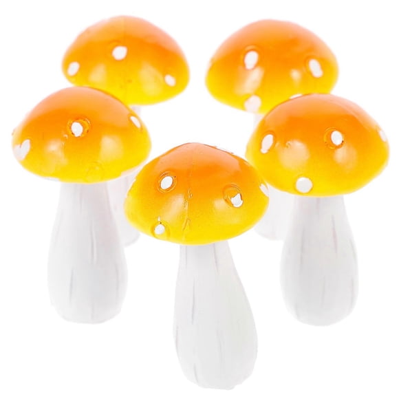Resin Mini Mushroom Figurines For Outdoor Garden Landscaping 5Pcs Yellow Colored Craft Decoration