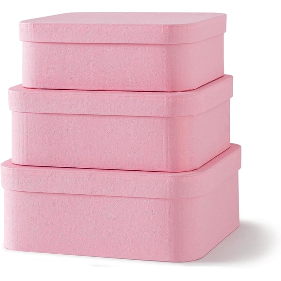 Set of 3 Textured Pink Boxes with Rounded Edges, Decorative Cardboard Boxes with Lids, Nesting Gift Storage, Large Paperboard Containers for Organizing and Keepsakes