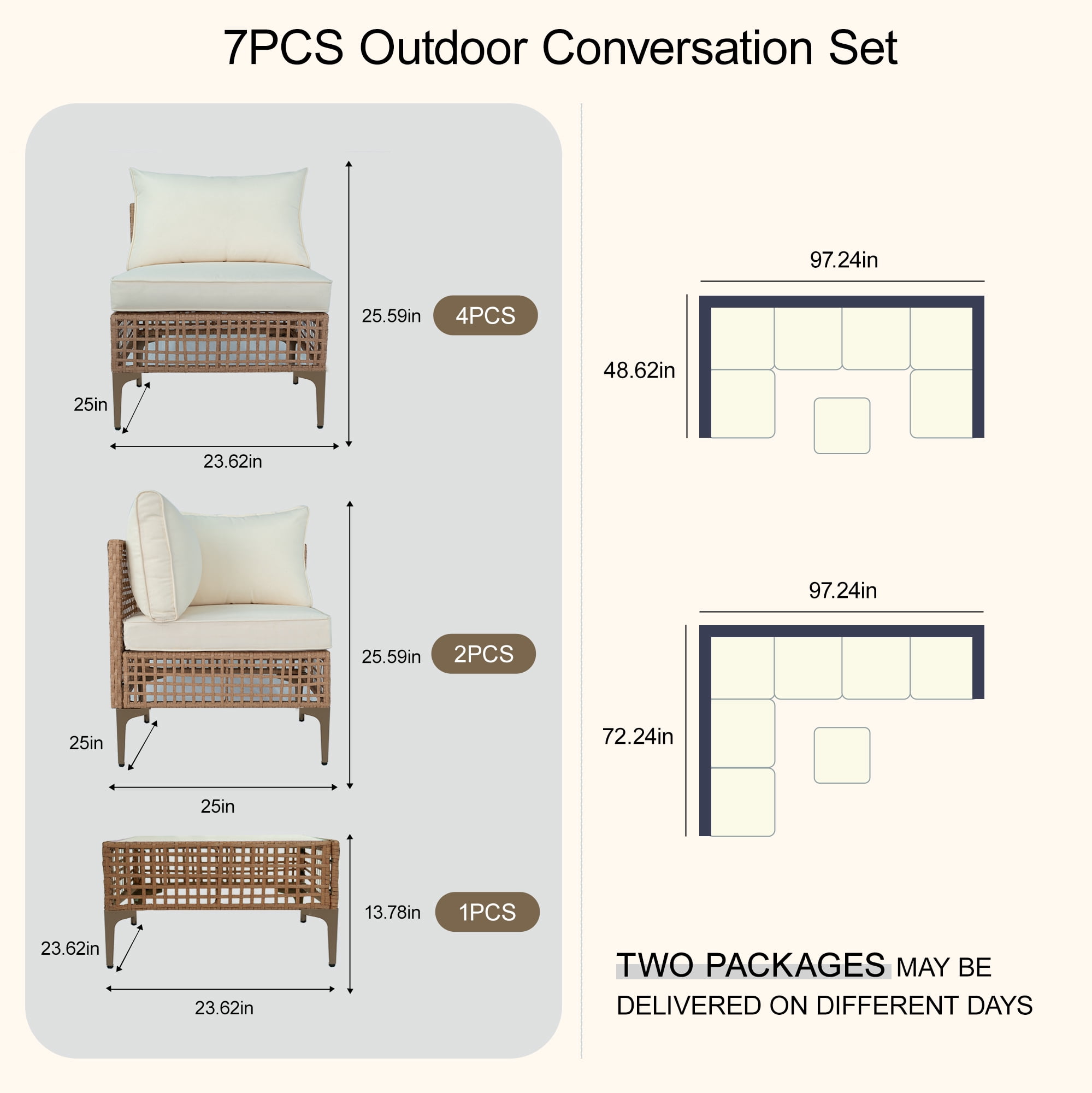 MaagorVita 7 Pcs Outdoor Patio Furniture Set, Modular Outdoor Sectional, Modern Rattan Wicker Sofa Set with Coffee Table and Washable Thick Cushions, Beige Cushion
