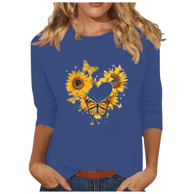 Tnhcen Chemises à Manches 3/4 pour Femmes avec Imprimé Floral d'Automne et Col Rond - Basiques Décontractés Grande Taille P-3TG