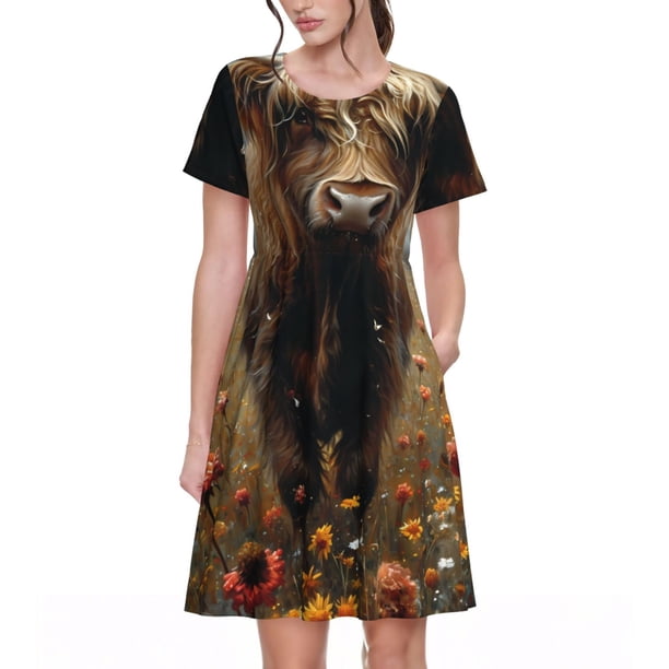 Balery Grassland Sunflower Cow Vestidos sueltos de manga corta para mujer, vestidos de verano 2025, vestidos casuales de corte A con vuelo.