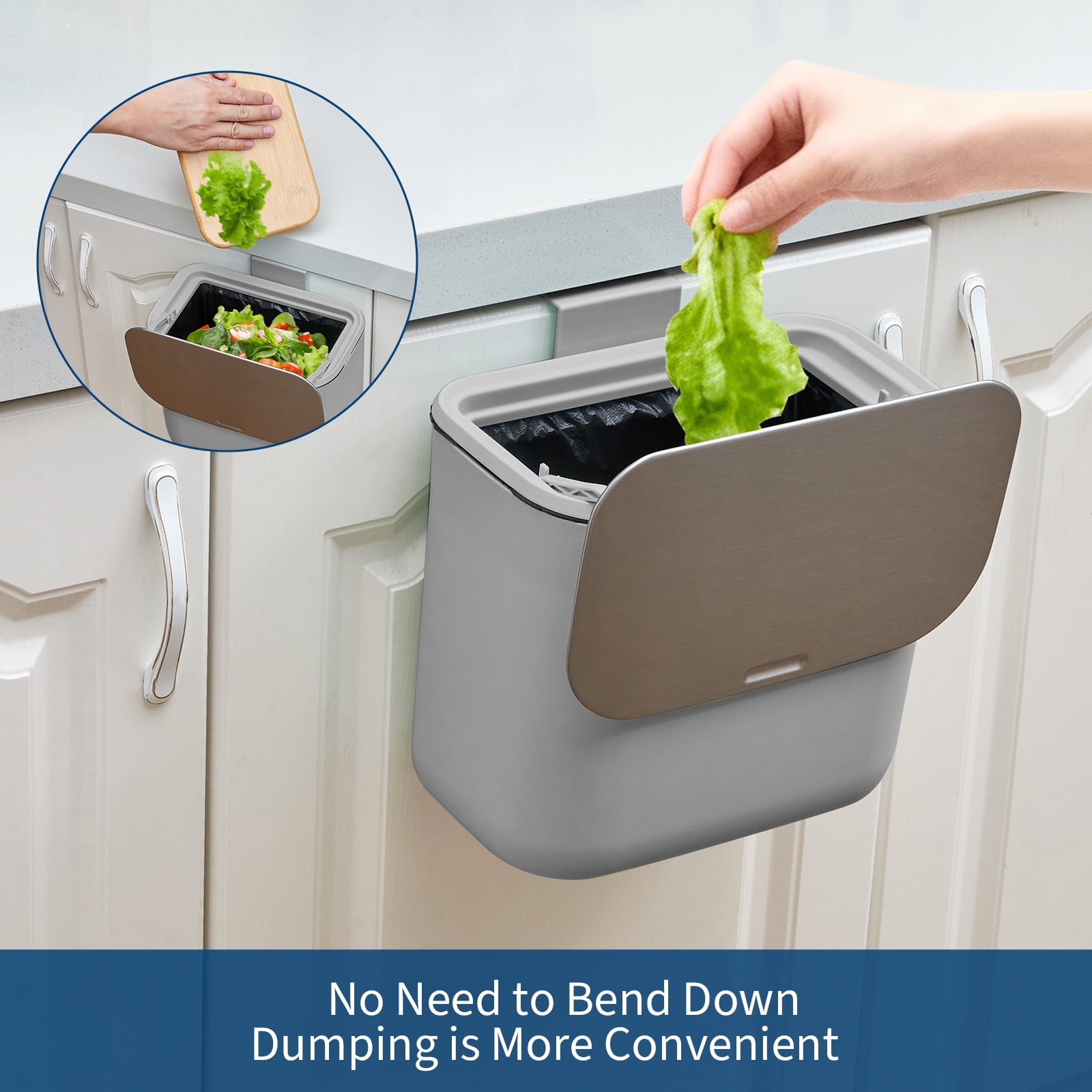 1.8 Gallon Kitchen Hanging Small Trash Can with Stainless Steel Lid, Odor-Free Compost Bin, Space-Saving Garbage Can for Cabinet, Under Sink, RV, Bathroom, Grey