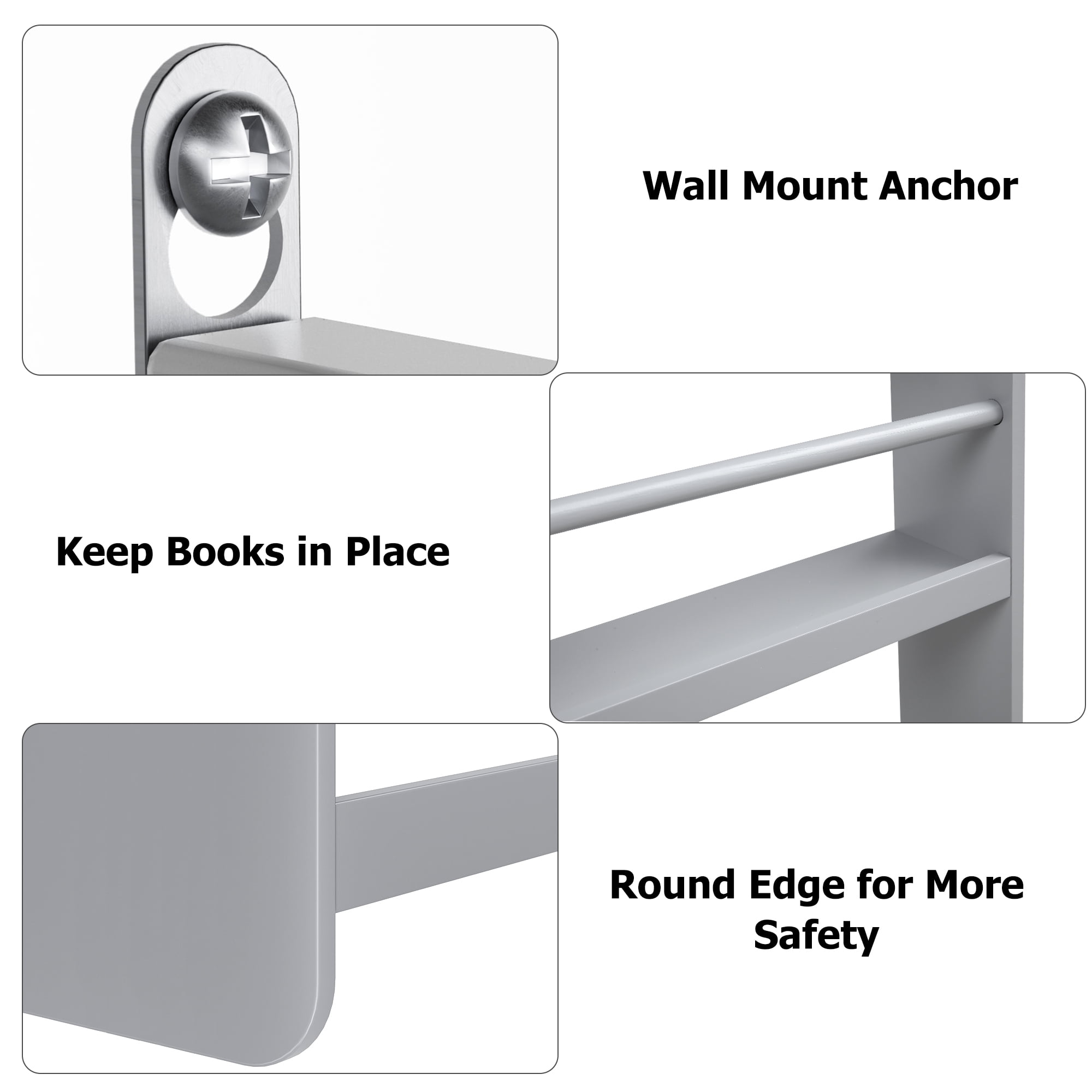 Homfa 4-Tier Wall Bookshelf, 43.7"H Wall Mounted Kids Bookshelf, Book Storage Rack for Kids Room, Gray