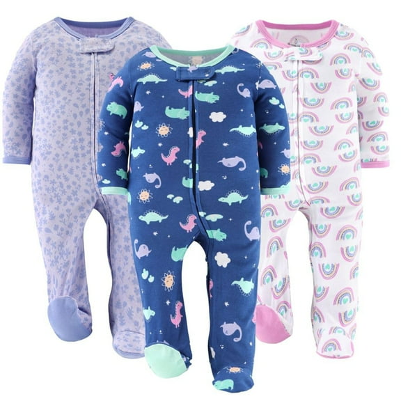 The Peanutshell Sleep n Play Dino Girl Footed Pajamas for Baby Girls Set, Newborn, 3-Pack