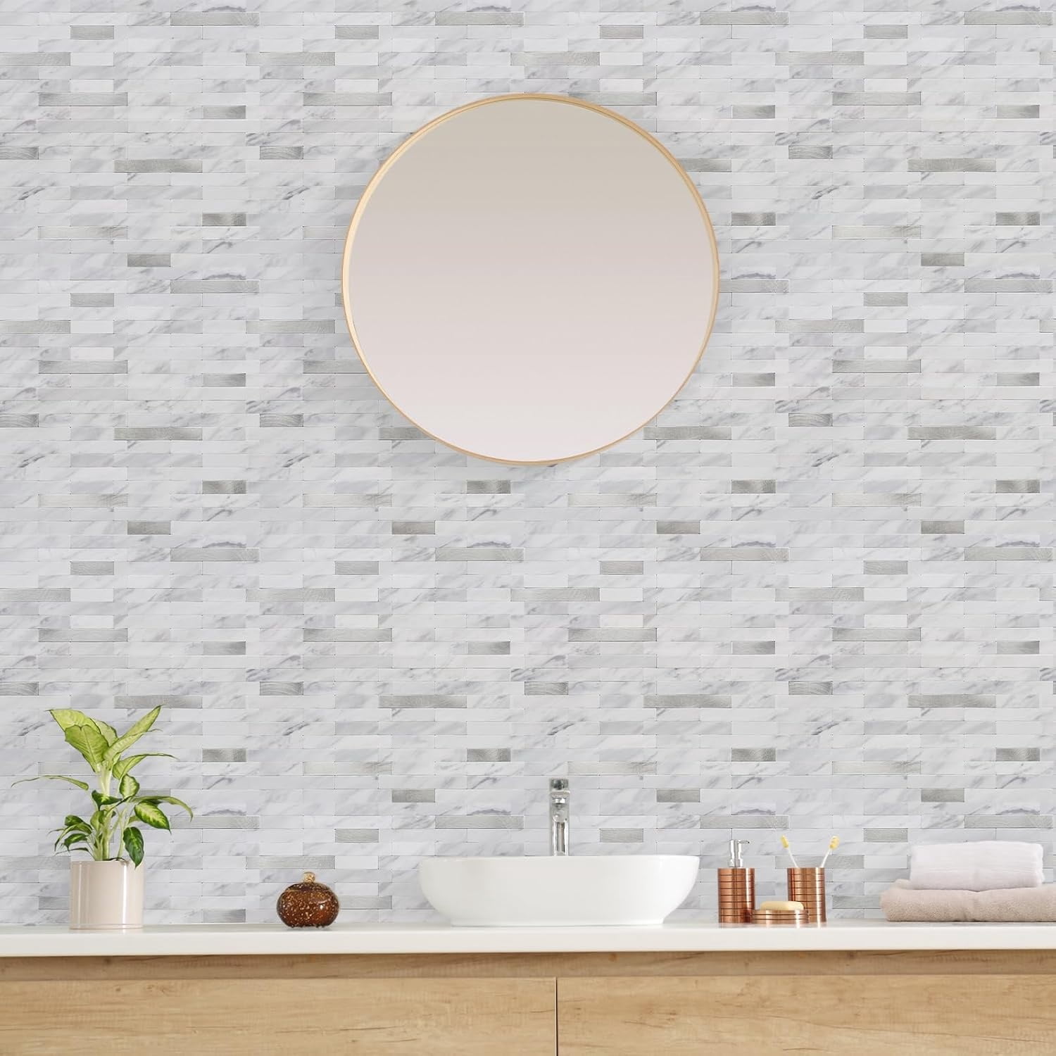 Peel and Stick Backsplash, PVC Wall Tiles Stick on Backsplash for Kitchen(10 Sheets, White Marble with Metal Silver)