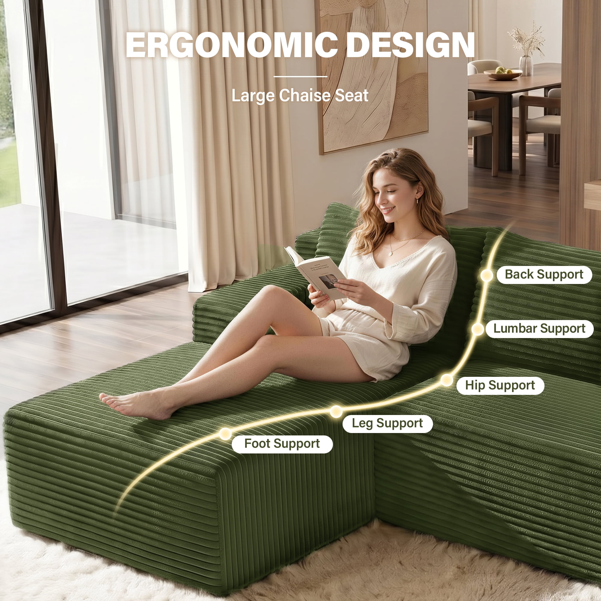 Aukfa 96" Cloud Sectional Couch, Modular L Shaped Boneless Sofa with Left Facing Chaise&2 Storage Pockets, Green