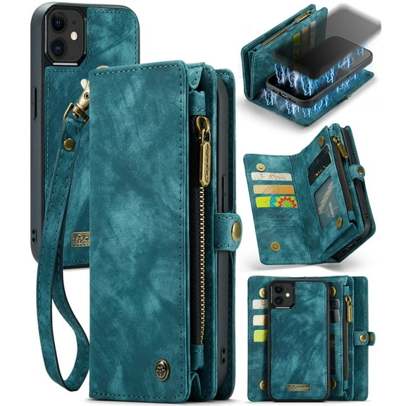 For iPhone 12 mini Wallet Case,Multi-Functional Retro Leather Purse Flip Cover Zipper Wallet Case with Removable Card Slots Pocket & Detachable Wrist Strap Magnetic Phone Case, Green