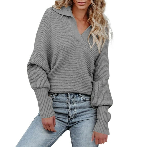Women's Sweaters Women's Tops Womens Long Sleeve Tops Lapel Knit Shirt Pullover Sweater Jumper Tops Sweater Casual Warm Sweater