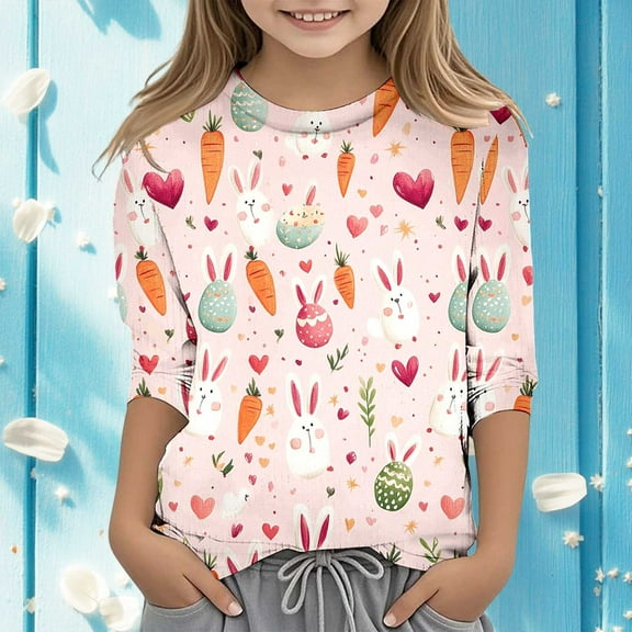SNKSDGM Girls Girls Shirts Size 7/8 Clothes for Girls 10-12 Trendy Summer Easter Children's Seve Quarter Sleeve Printed T Shirt Top Comfortable Casual Shirt 12-13 Years