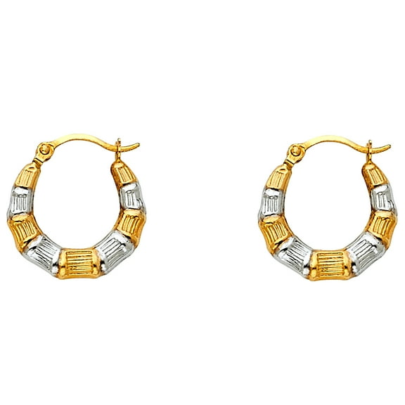 Round Hoops Huggie Solid 14k Yellow White Gold Fancy Hollow Earrings Diamond Cut Two Tone 15 x 15 mm