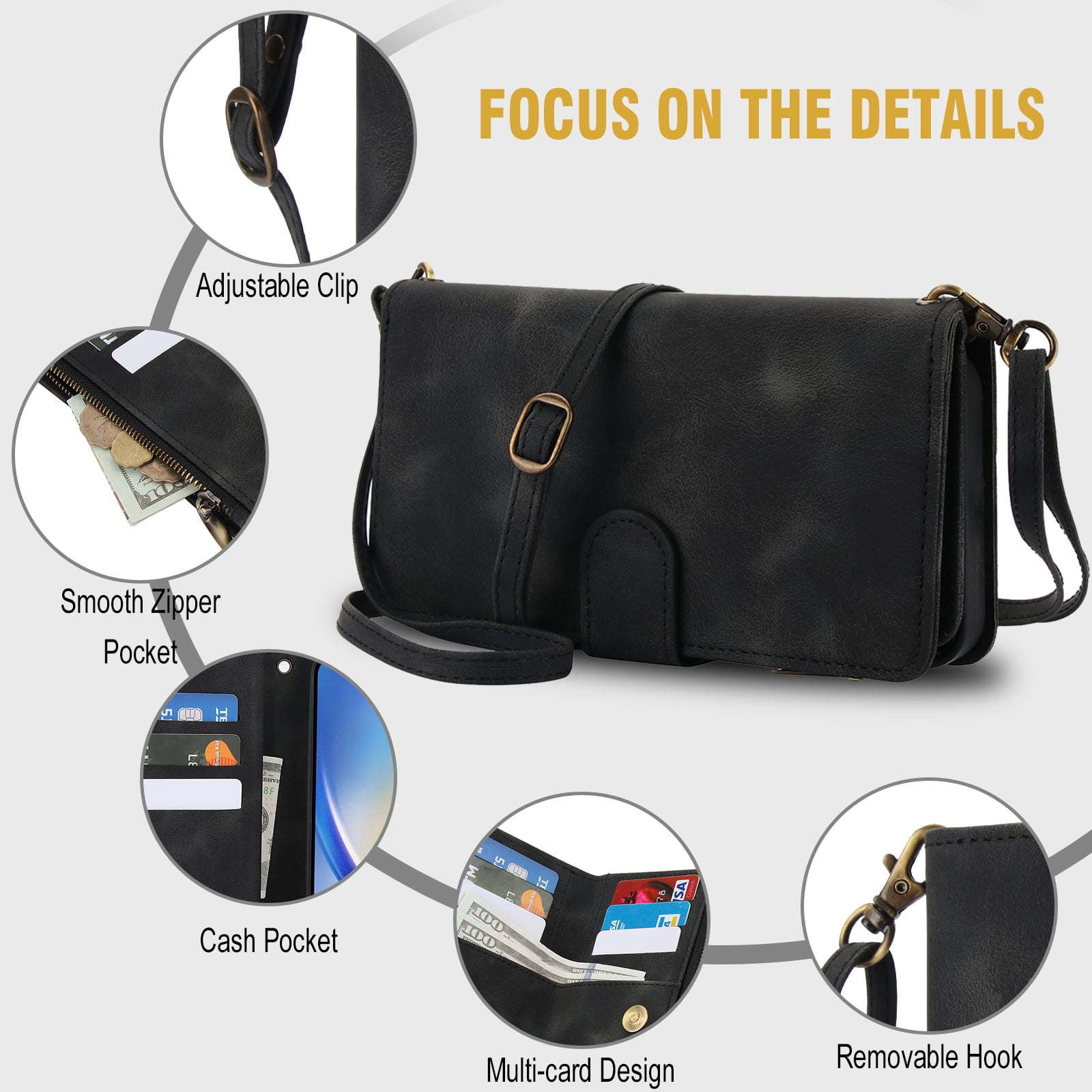 for Samsung Galaxy S24 FE Wallet Case with Card Holder for Women Men, Phone Case RFID Blocking PU Leather Flip Shockproof Cover with Shoulder + Wrist Strap Zipper Credit Card Slots Stand, Black