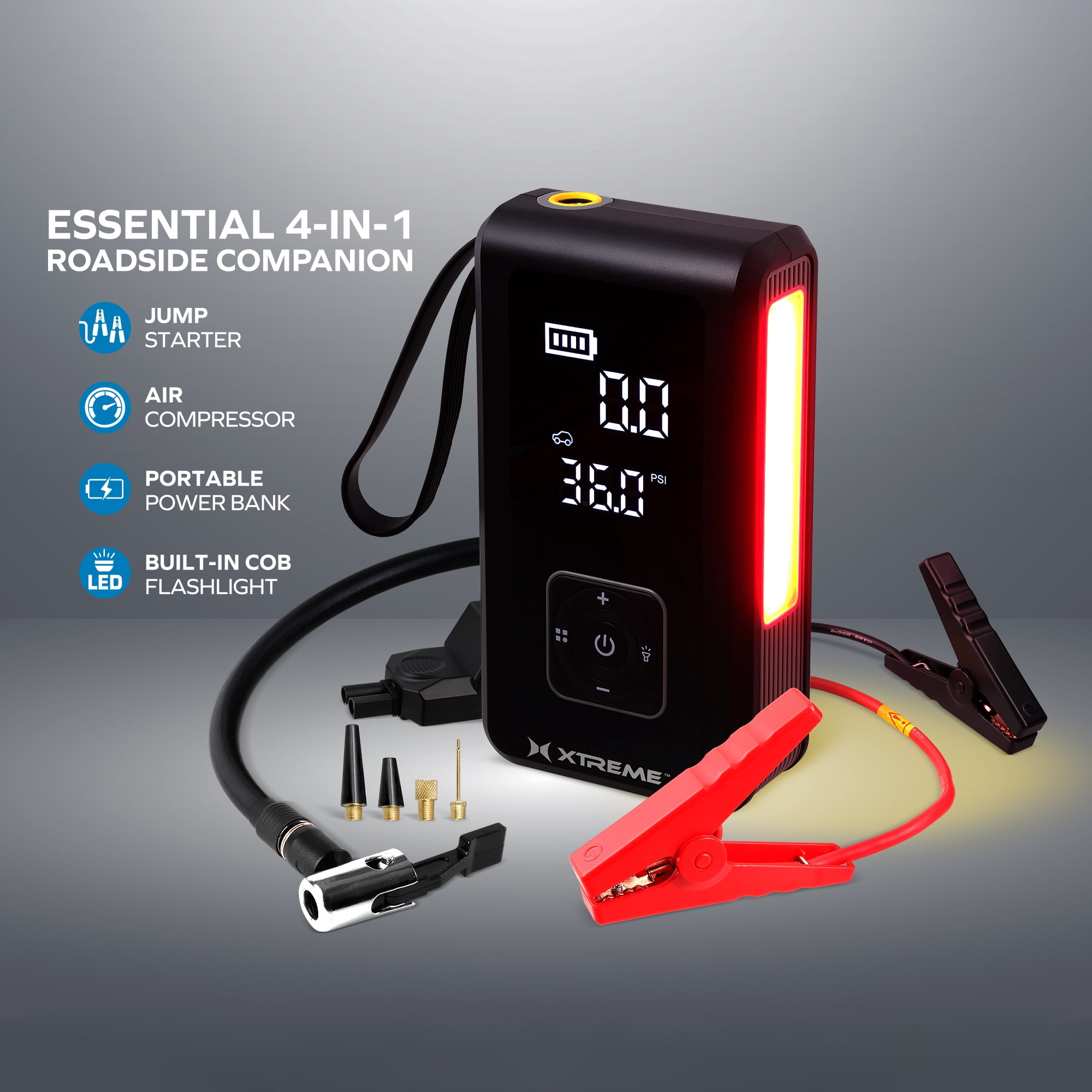 Xtreme Auto 4-in-1 Jump Starter with Air Compressor, 1000 Peak Amps Car Battery Booster, 150 PSI Tire Inflator, 8000mAh Portable Power Bank, LED Flashlight, USB-C Rechargeable