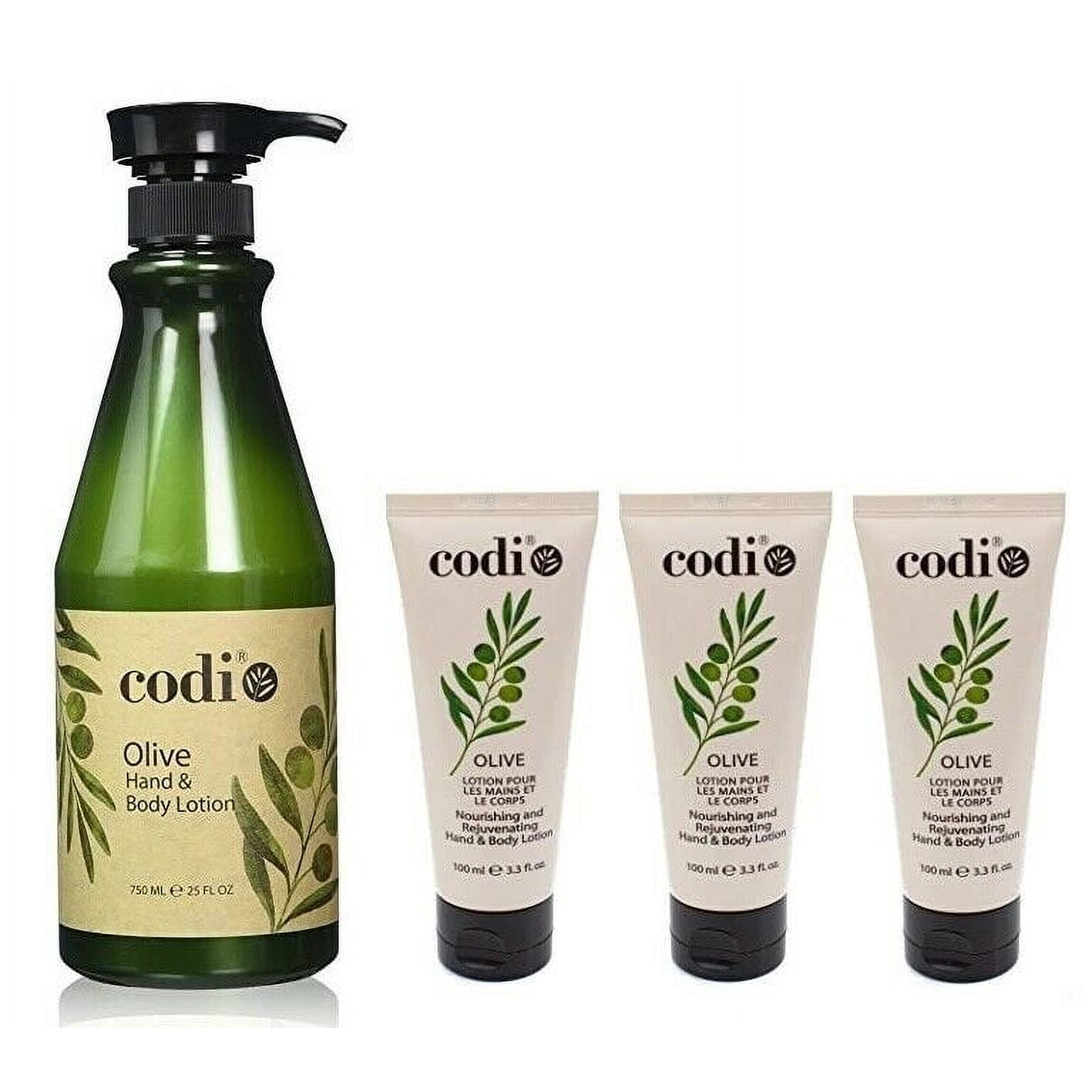 Codi Olive Hand and Body Lotion Big and 3 Small Kit, 750ml/25oz + 3.3oz/100ml