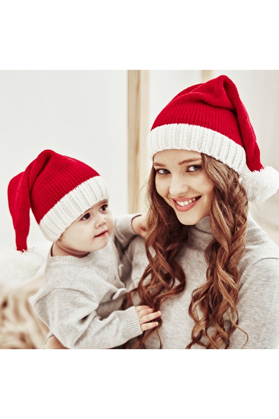 2Pcs/Set Christmas Parent-Child Hats Pom Pom Knitted Winter Beanie Santa Baby Hats Caps Soft Knit Wool Crochet Ski Cap