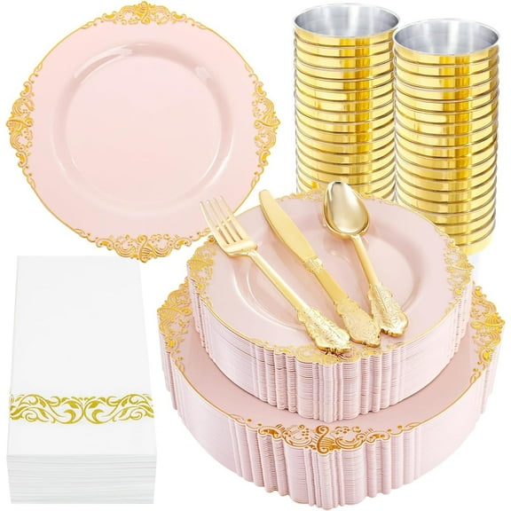 175Pcs Multi-Use PINK and Gold Plastic Dinnerware