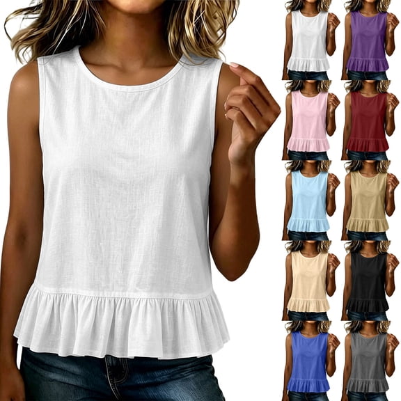 Miluxas Women's Cute Ruffle Hem Sleeveless Tank Tops Round Neck Solid Loose Tunic Shirts Lightweight Summer Blouse for Daily Casual Wear White