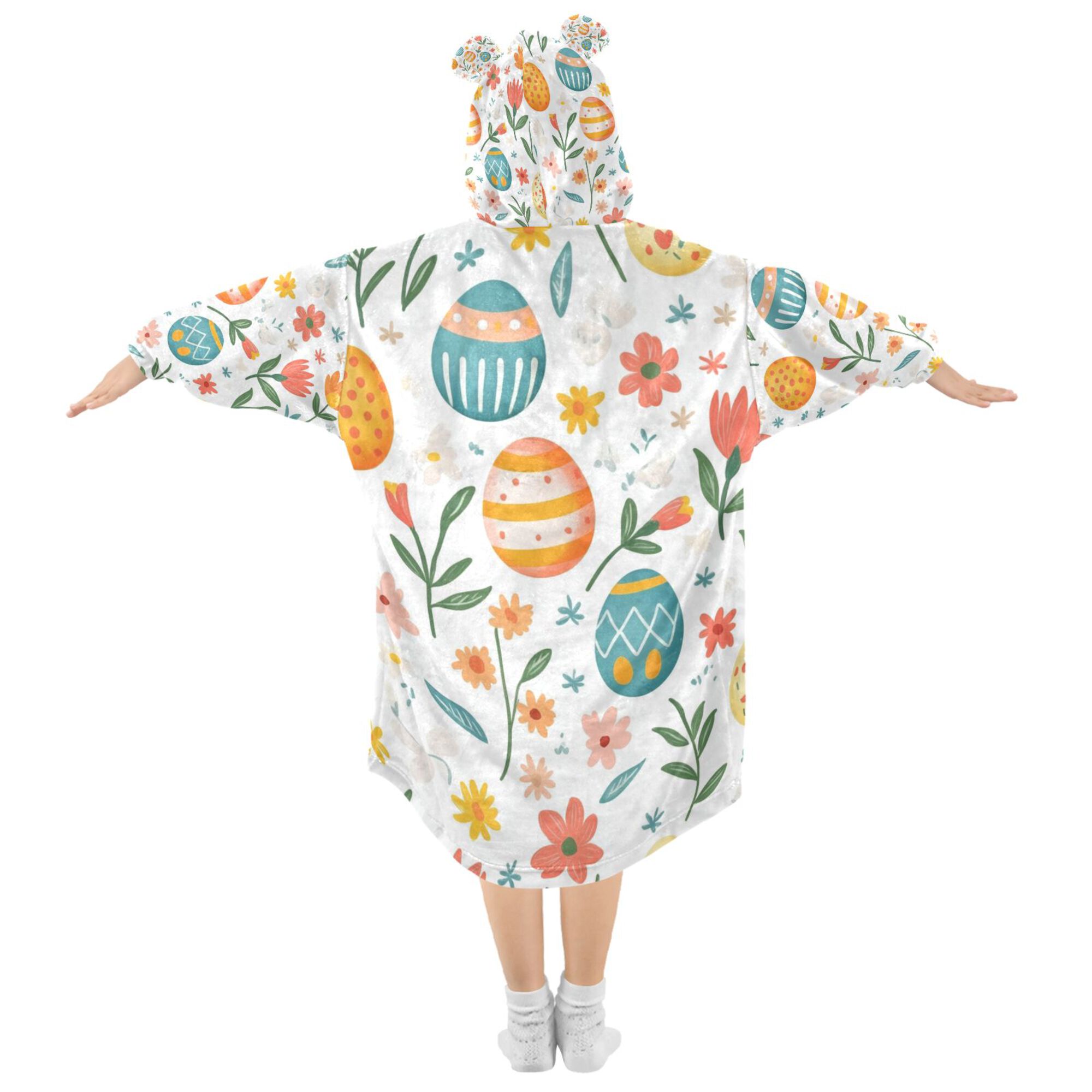 FORMRS Wearable Blanket Hoodie with Sleeves for Kids Cozy Flannel Sweatshirt, Floral Easter Eggs