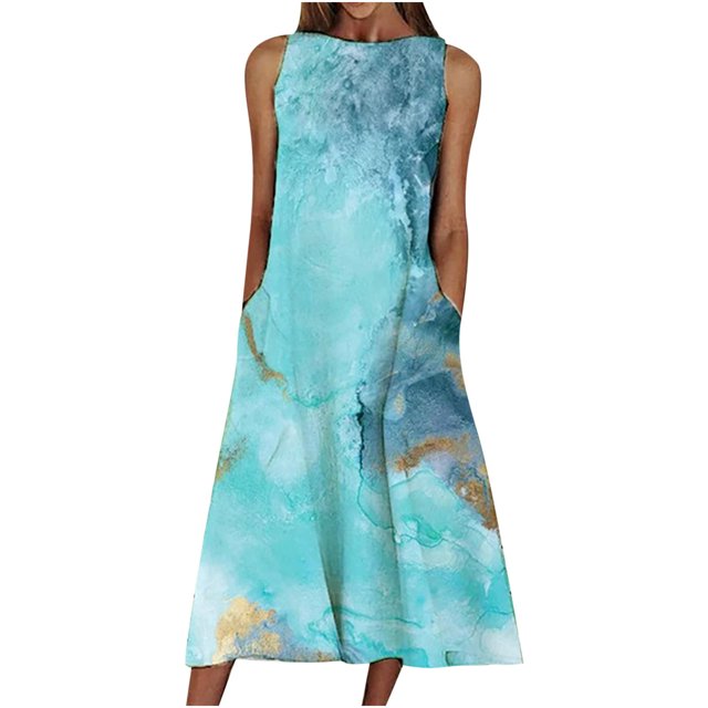 Vestido largo suelto sin mangas con bolsillo estampado informal de verano para mujer a la moda Fridja hjkh5184