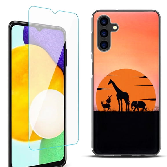 Slim-Fit Protective Fashion Phone Case (Black) for Samsung Galaxy A13 5G, with Tempered Glass Screen Protector, by OneToughShield ® - Sunset Safari