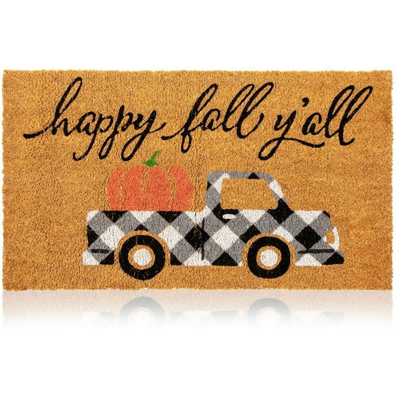 Juvale Rectangular Coir Door Mat - Sturdy Vinyl Base & Outdoor Fall Door Mat - Natural Fiber Construction & Fall Outdoor Rug - Playful Truck & Pumpkin Graphic - 17"x 30", Multi Color